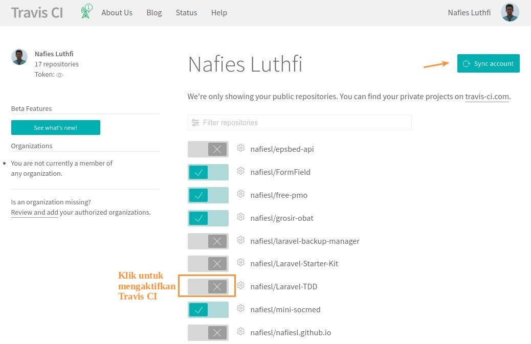 Travis CI Sync Account