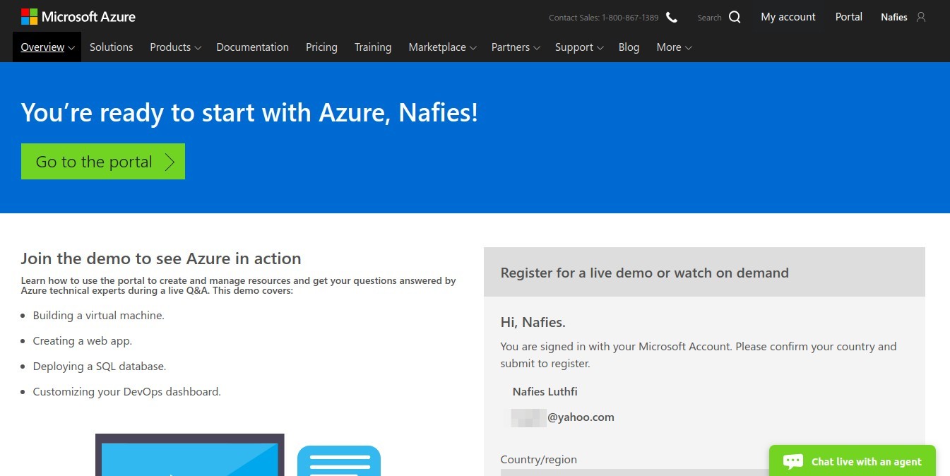 Azure sign up card