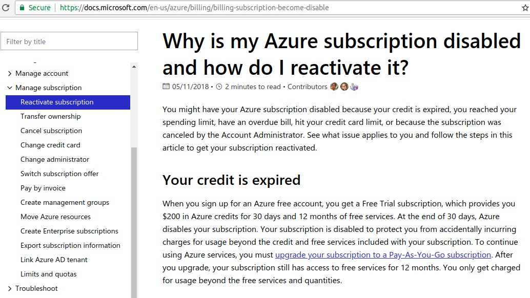 MS Azure Subscription Disabled Documentation