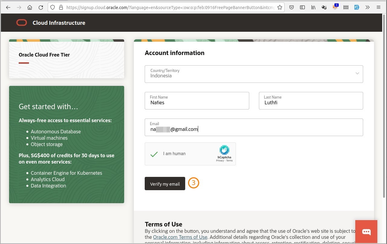 Formulir Pendaftaran Oracle Cloud