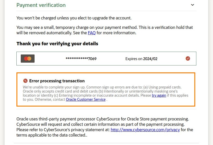 Error processing transaction Oracle Cloud