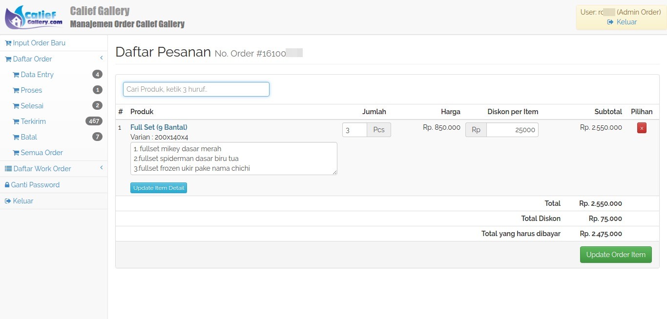 Edit Daftar Item Order Calief Gallery