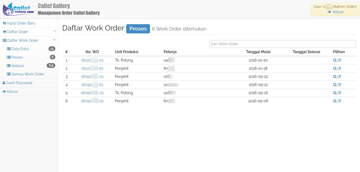Daftar Work Order Calief Gallery