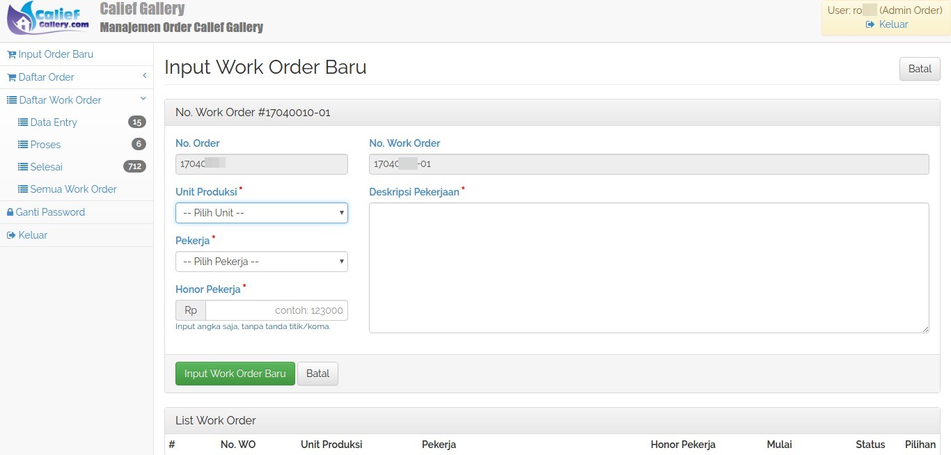 Input Work Order Baru Calief Gallery