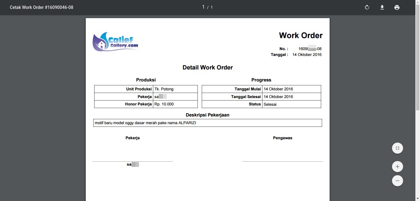 Cetak Work Order Calief Gallery