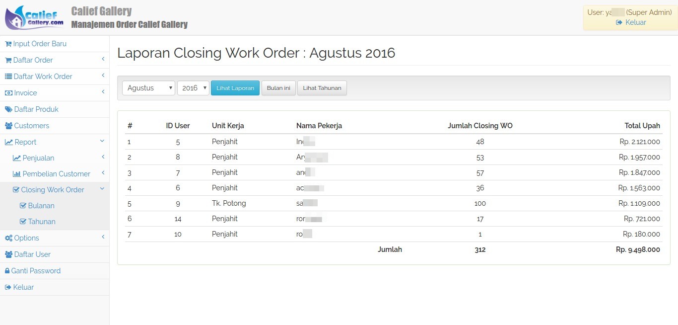 Laporan Closing Order Pekerja CalGallery