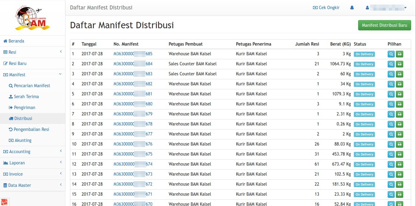Daftar Manifest Distribusi Paket BAM Online