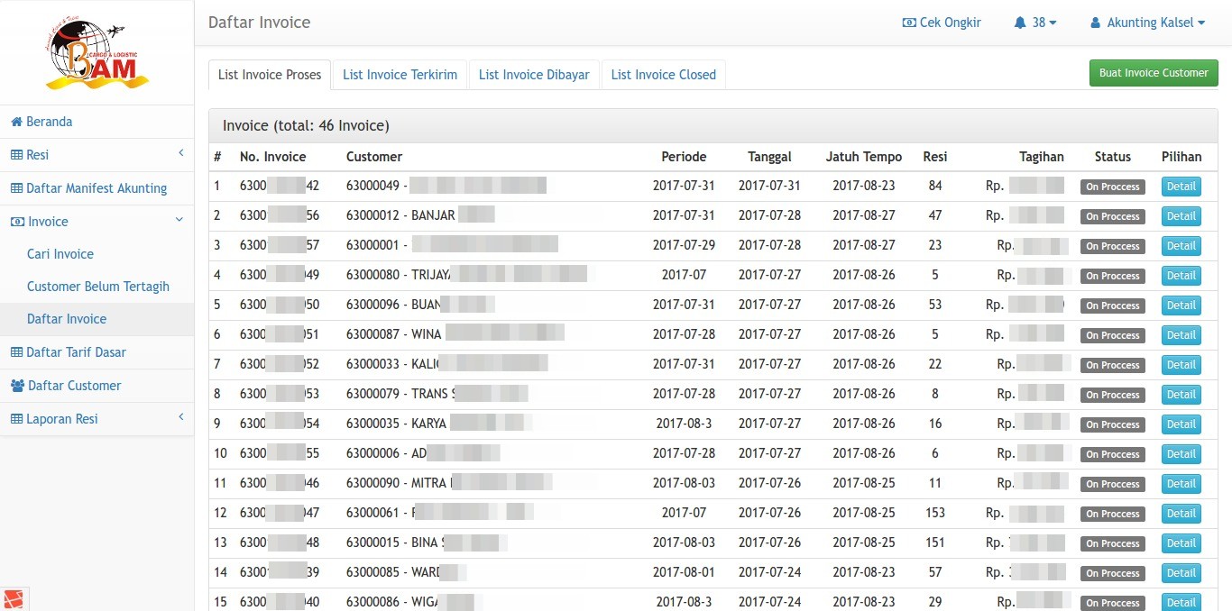 Daftar Invoice (berdasarkan btatus) BAM Online