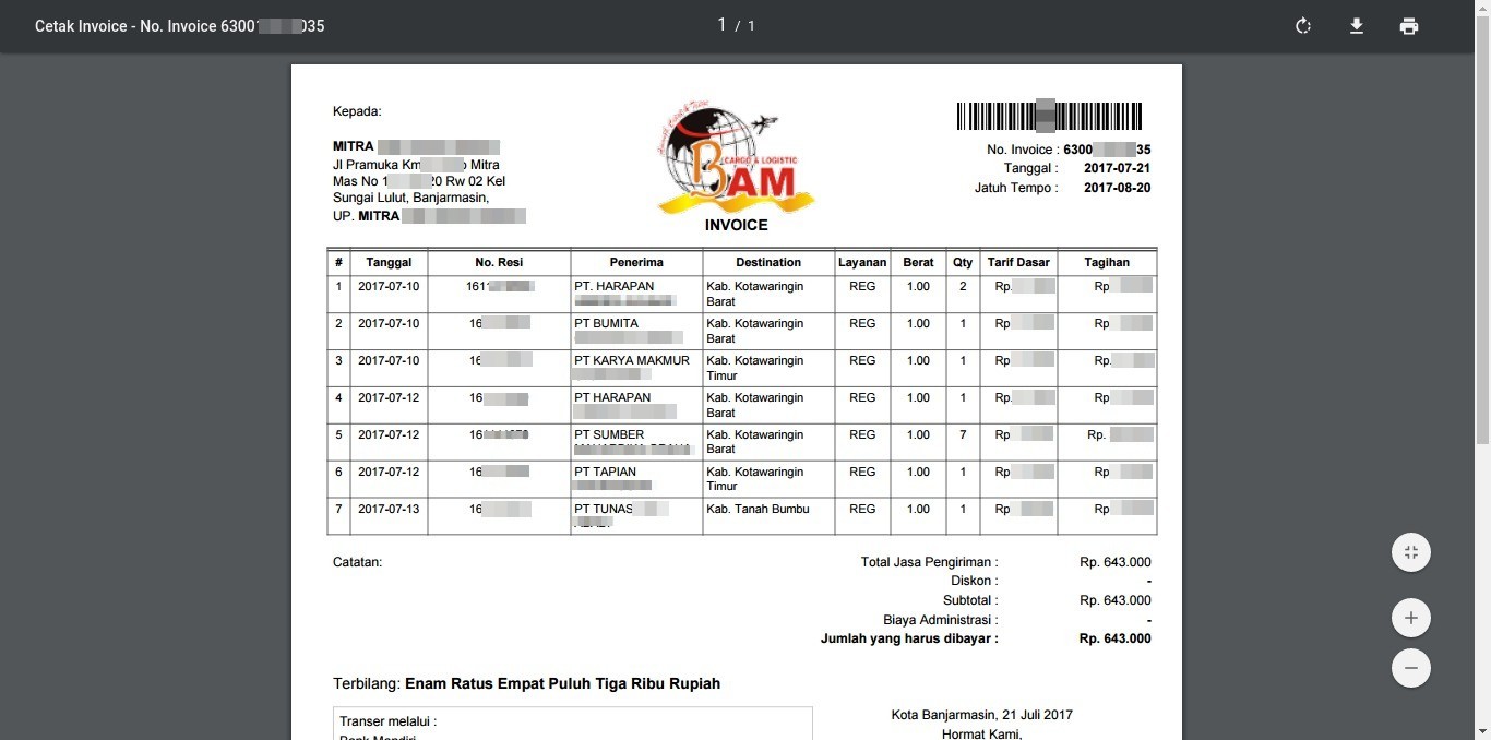 Cetak Invoice PDF BAM Online