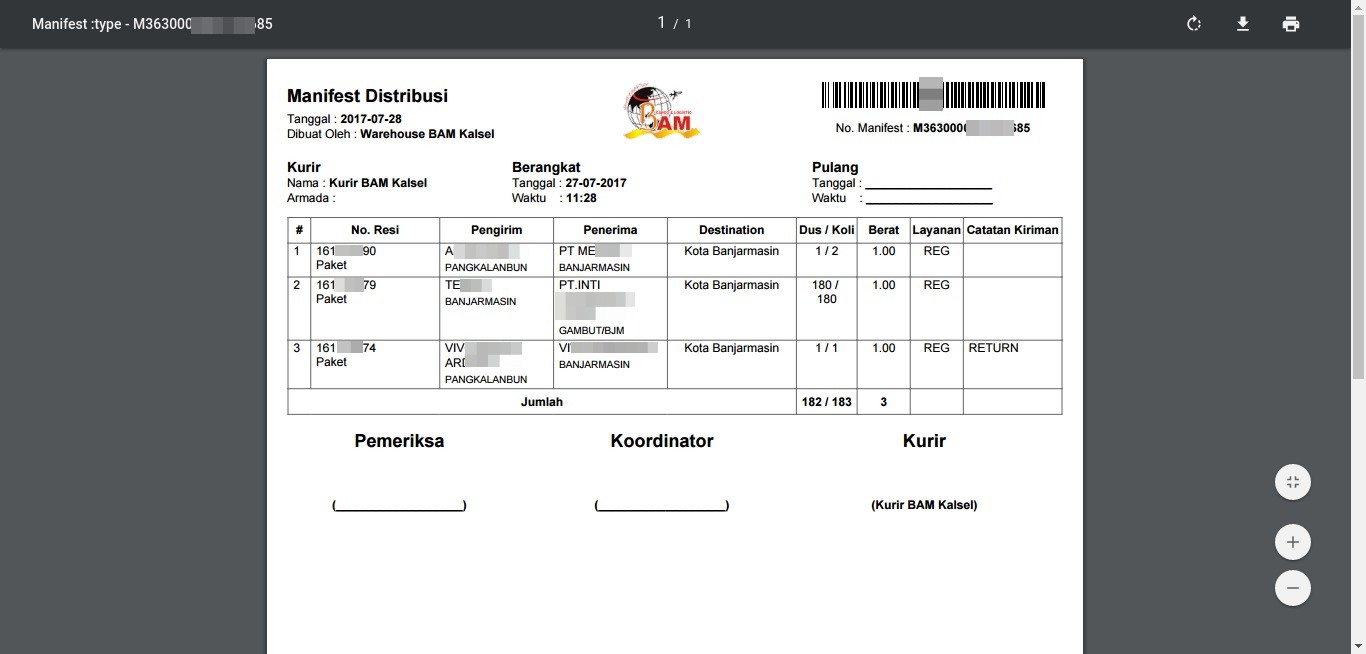 Cetak Manifest Distribusi BAM Online