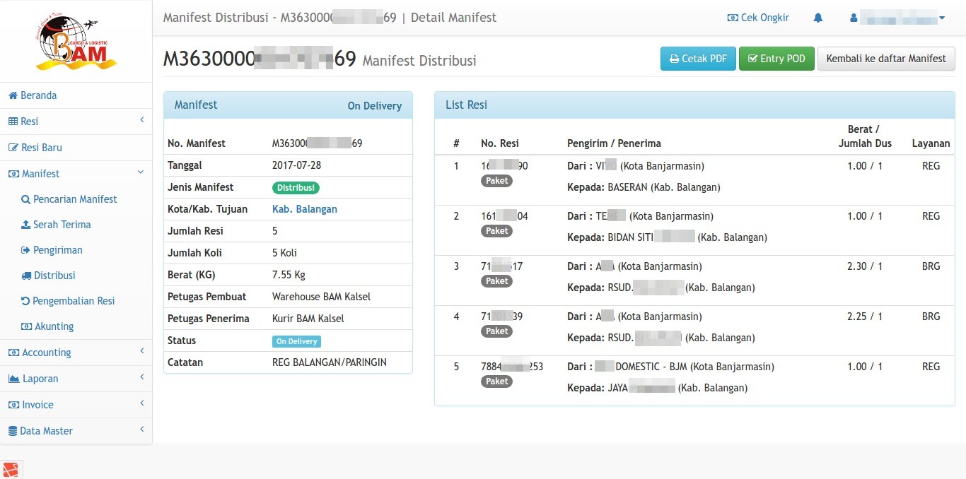 Detail Manifest Distribusi BAM Online